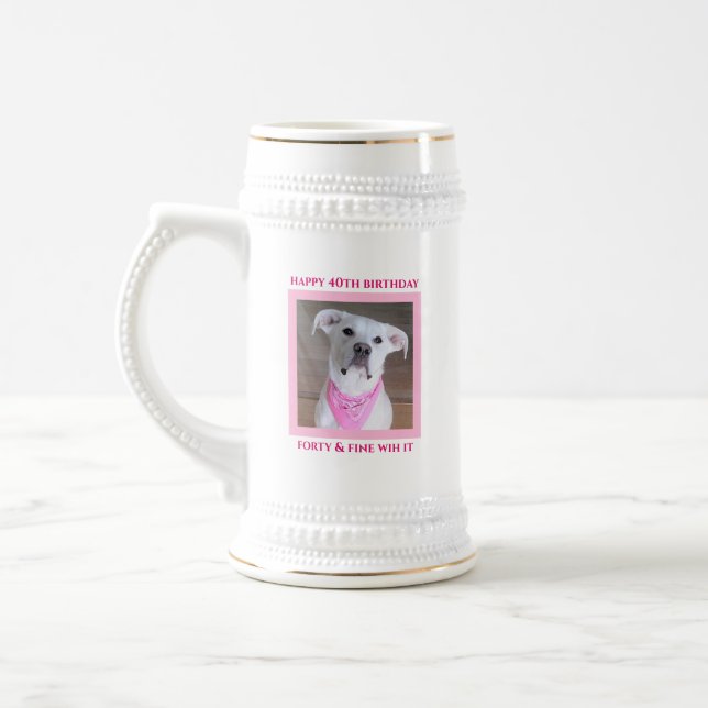 Cute Happy Dog With Soulful Eyes Birthday Pink Beer Stein (Left)