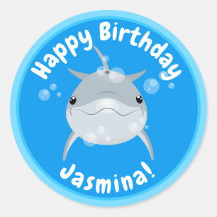 Cute happy dolphin bubbles cartoon illustration classic round sticker