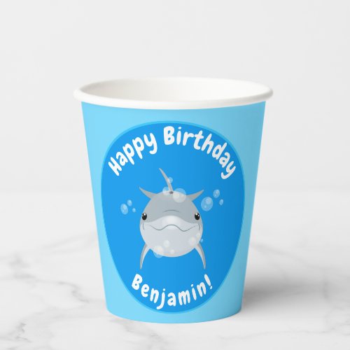 Cute happy dolphin bubbles cartoon illustration paper cups