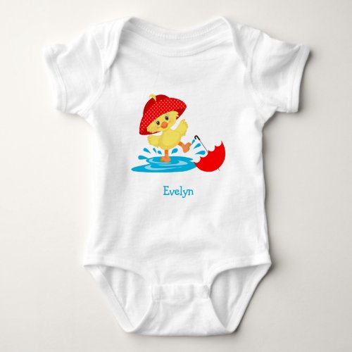 Cute Happy Duck in Rain with First Name Baby Bodysuit