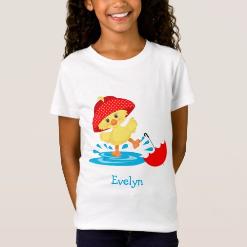 Cute Happy Duck in Rain with First Name T_Shirt