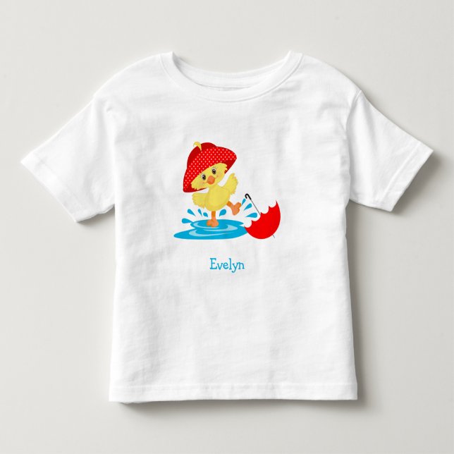 Cute Happy Duck in Rain with First Name Toddler T-shirt (Front)