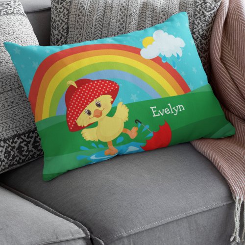 Cute Happy Duck in Rain with Rainbow Accent Pillow