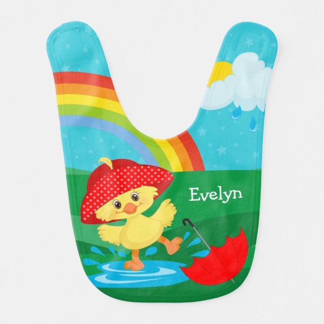 Cute Happy Duck in Rain with Rainbow Baby Bib (Front)