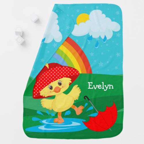 Cute Happy Duck in Rain with Rainbow Baby Blanket
