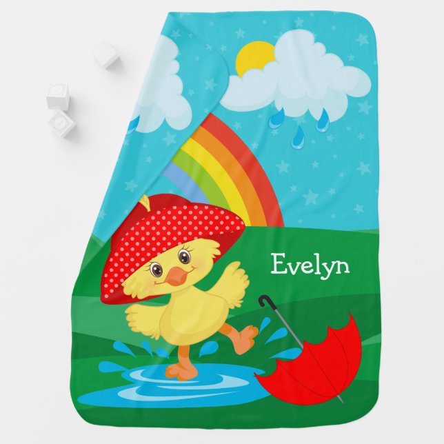 Cute Happy Duck in Rain with Rainbow Baby Blanket (In Situ)