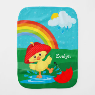Cute Happy Duck in Rain with Rainbow Baby Burp Cloth