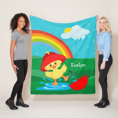 Cute Happy Duck in Rain with Rainbow Fleece Blanket