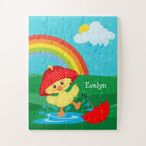 Cute Happy Duck in Rain with Rainbow Jigsaw Puzzle