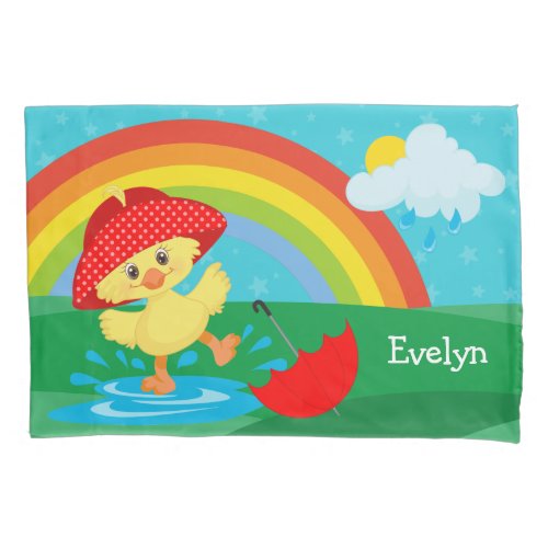 Cute Happy Duck in Rain with Rainbow Pillow Case