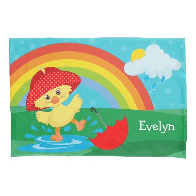 Cute Happy Duck in Rain with Rainbow Pillow Case (Front)