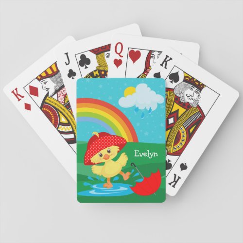 Cute Happy Duck in Rain with Rainbow Poker Cards