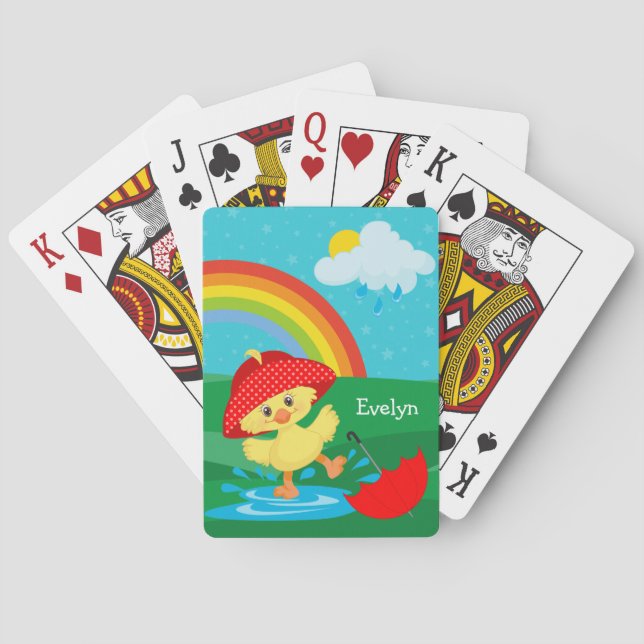 Cute Happy Duck in Rain with Rainbow Poker Cards (Back)