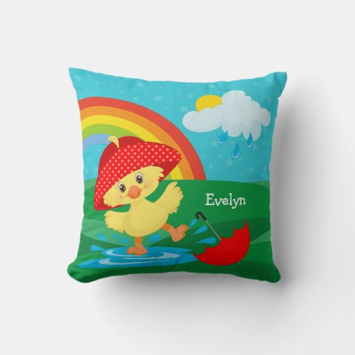 Cute Happy Duck in Rain with Rainbow Throw Pillow