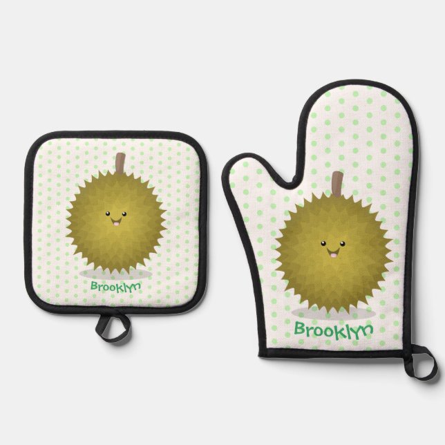 Cute happy durian cartoon illustration oven mitt & pot holder set (Front)