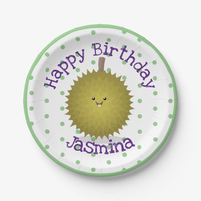 Cute happy durian cartoon illustration paper plates (Front)