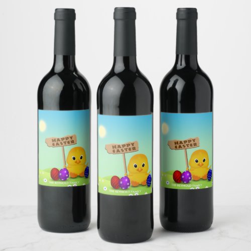 Cute Happy Easter Baby Chick Colorful Eggs Wine Label