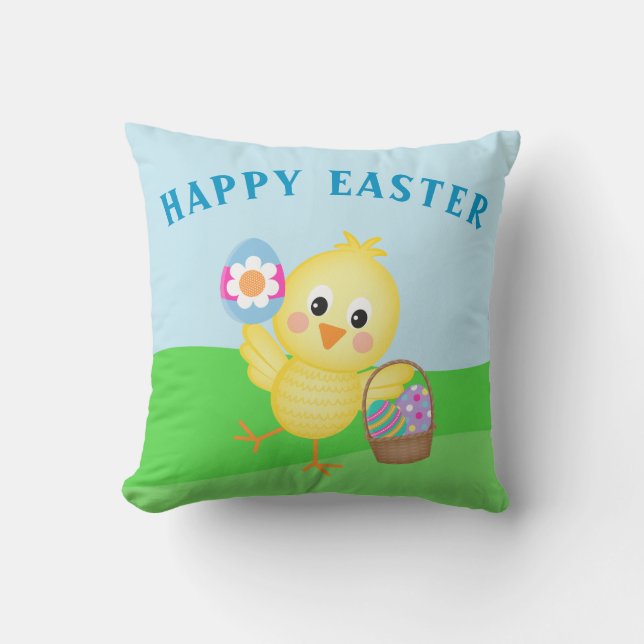 Cute Happy Easter Baby Chick Easter Bunny Throw Pillow (Front)