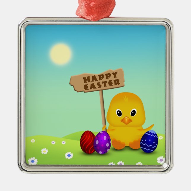 Cute Happy Easter Baby Chick Metal Ornament (Front)