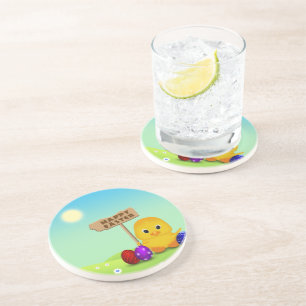 Cute Happy Easter Baby Chick Sandstone Coaster