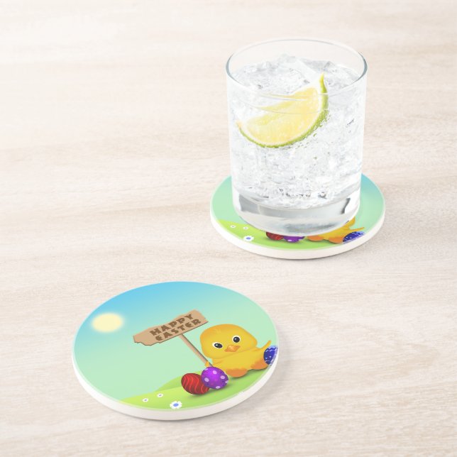Cute Happy Easter Baby Chick Sandstone Coaster (Side)