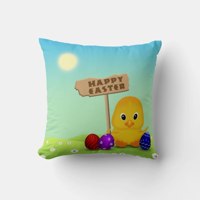 Cute Happy Easter Baby Chick Throw Pillow (Front)