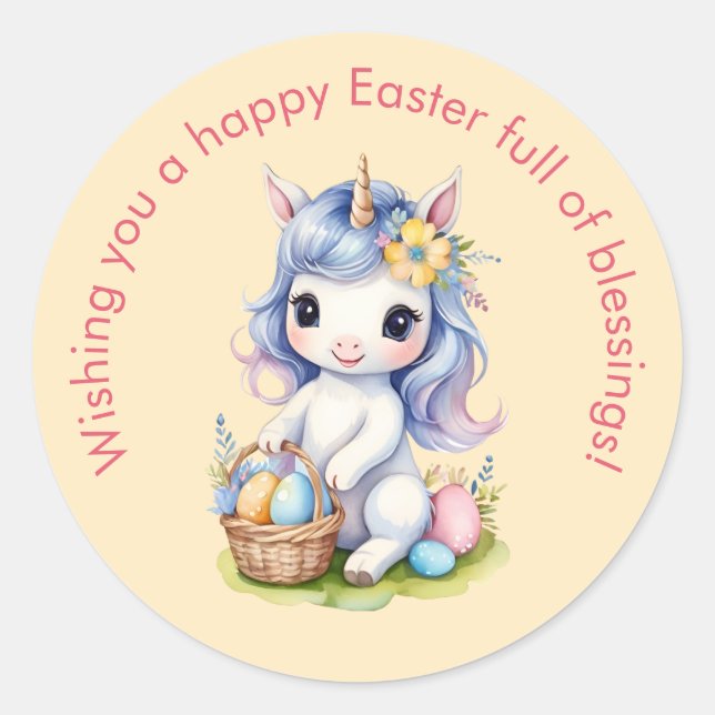 Cute Happy Easter Blessings Unicorn Sticker (Front)