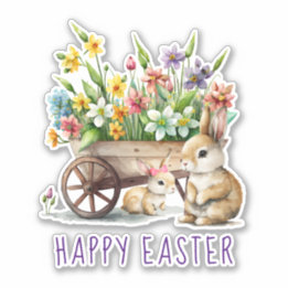 Cute Happy Easter Bunnies and Flowers Sticker