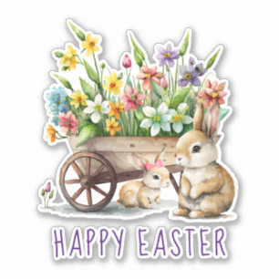 Cute Happy Easter Bunnies and Flowers Sticker