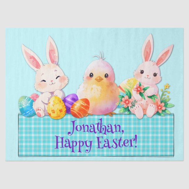 Cute Happy Easter bunnies chick eggs flowers blue Tissue Paper (Front)