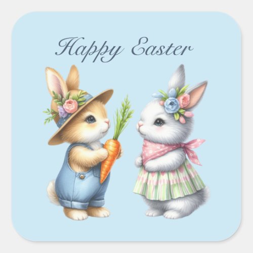 Cute Happy Easter bunnies watercolor Square Sticker