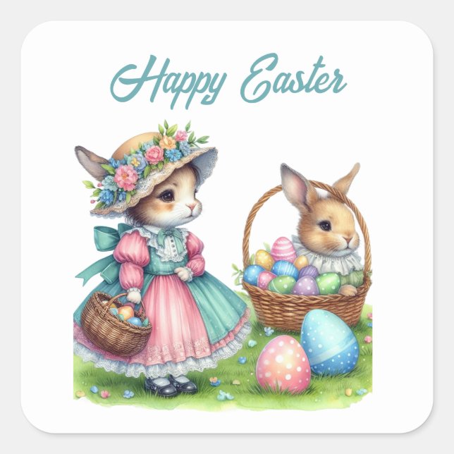 Cute happy Easter bunny add text Square Sticker (Front)