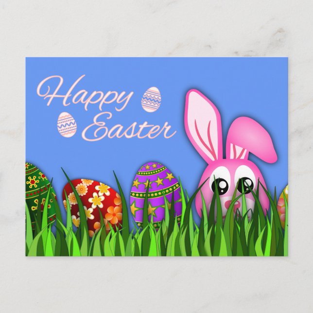 Cute Happy Easter Bunny and Eggs in Grass Postcard (Front)