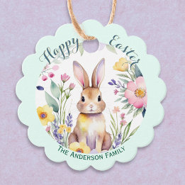 Cute Happy Easter Bunny and Flowers Personalized Favor Tags