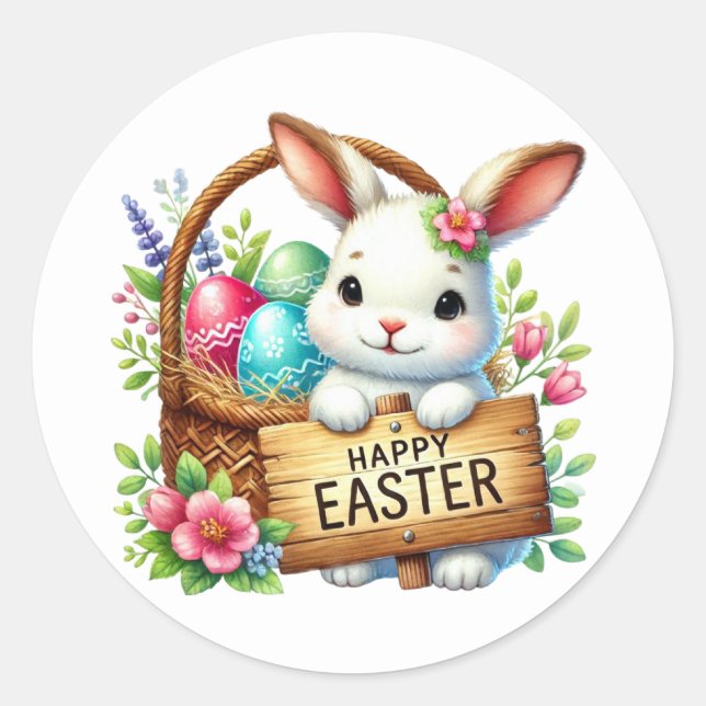 Cute Happy Easter bunny Classic Round Sticker (Front)