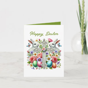 Cute Happy Easter bunny Cross add inside message Holiday Card