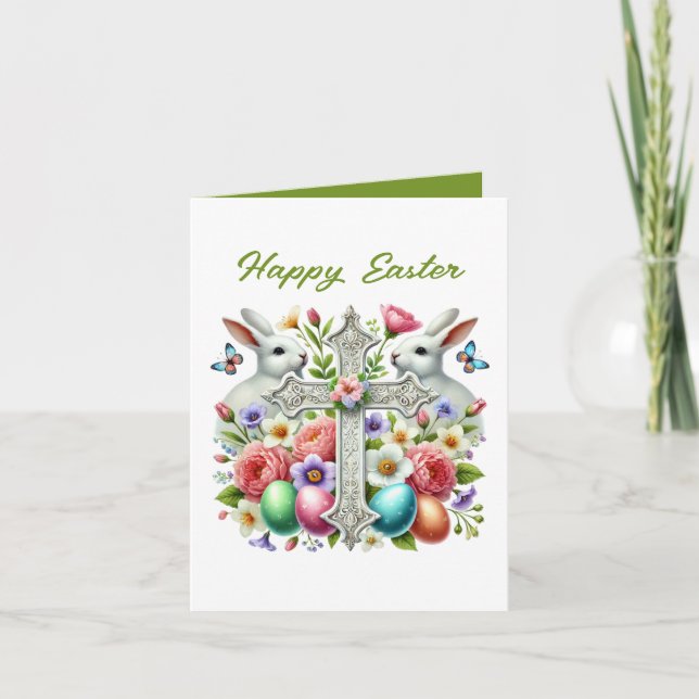 Cute Happy Easter bunny Cross add inside message Holiday Card (Front)