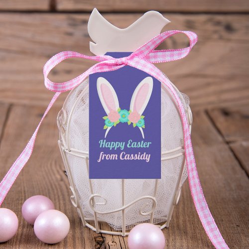 Cute Happy Easter Bunny Ears Custom Purple Floral Gift Tags