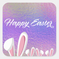 Cute Happy Easter Bunny Ears Iridescent Square Sticker