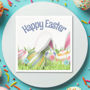 Cute HAPPY EASTER Bunny Ears Modern Colored Eggs Napkins