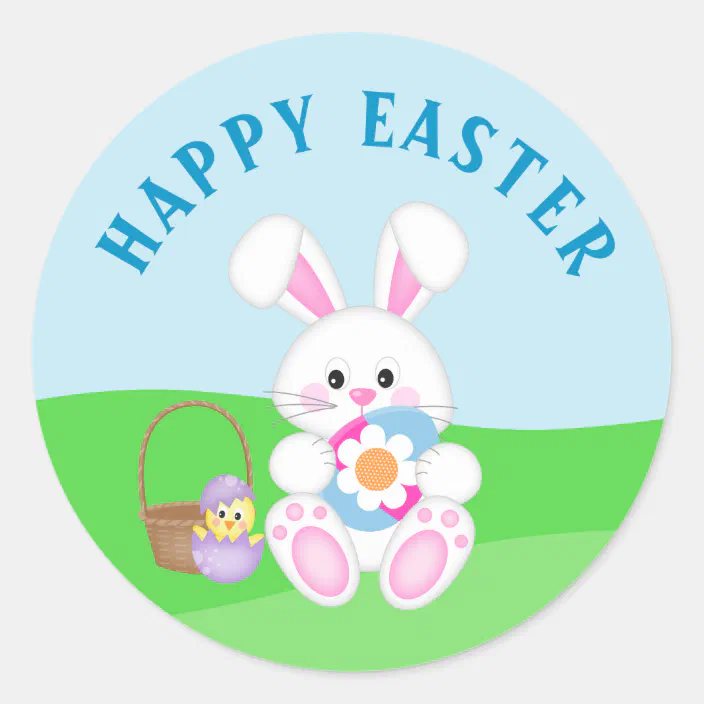 35 Happy Easter Round Stickers Blue Bunny 620 Non Personalised labels Party tags 