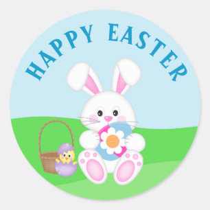 Cute Happy Easter Bunny Easter Eggs Classic Round Sticker