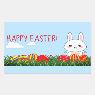 Cute Happy Easter Bunny & Eggs on grass Rectangular Sticker