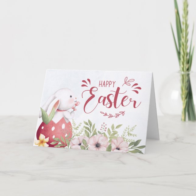 Cute Happy Easter Bunny Floral  Holiday Card (Front)