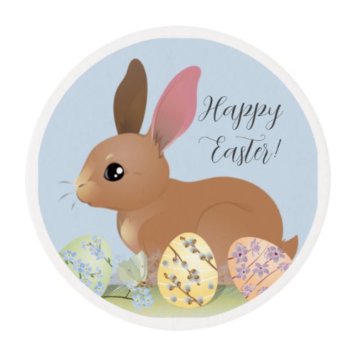 Cute Happy Easter Bunny illustrated Scene Edible Frosting Rounds
