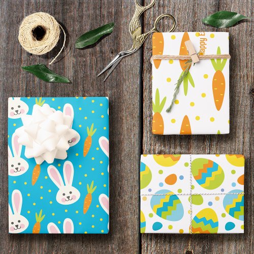 Cute Happy Easter Bunny Pattern with Kid Name Wrapping Paper Sheets