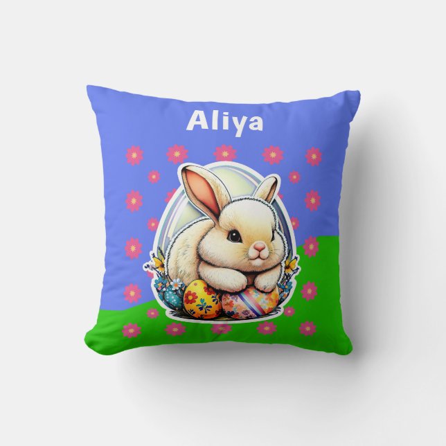 Cute Happy Easter Bunny Pink Flower Pattern Throw Pillow (Front)