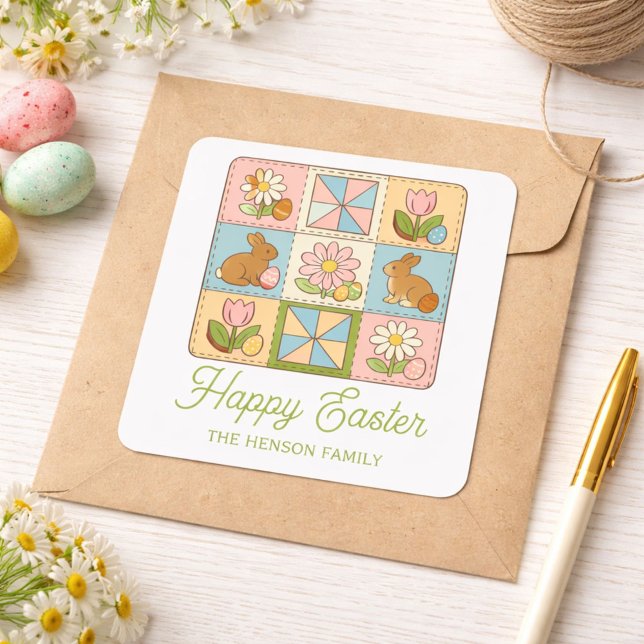 Cute Happy Easter Bunny Quilt Pattern  Square Sticker (Creator Uploaded)