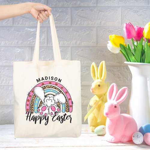 Cute Happy Easter Bunny Rabbit Rainbow Add Name Tote Bag