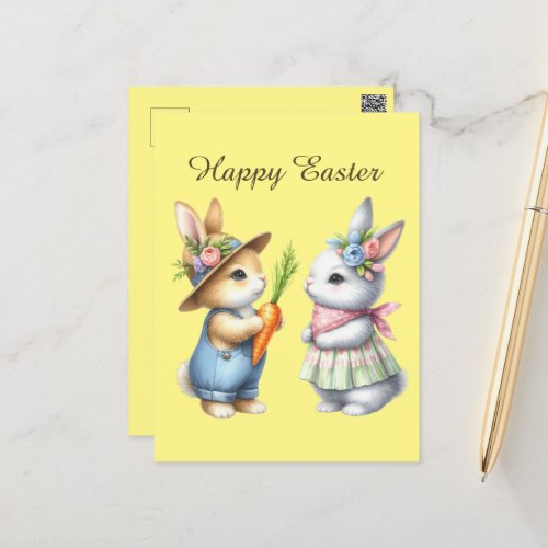 Cute Happy Easter bunny watercolor  Postcard